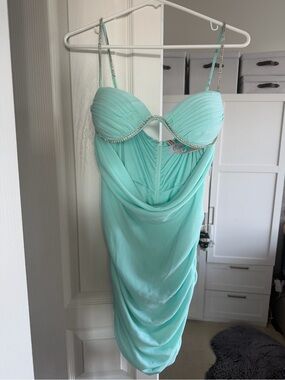 Oh Polly Mint Ruched Cocktail Dress with Rhinestone Straps